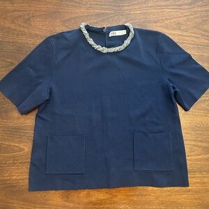Zara Navy Blue Short Sleeve Top with Chain Accent